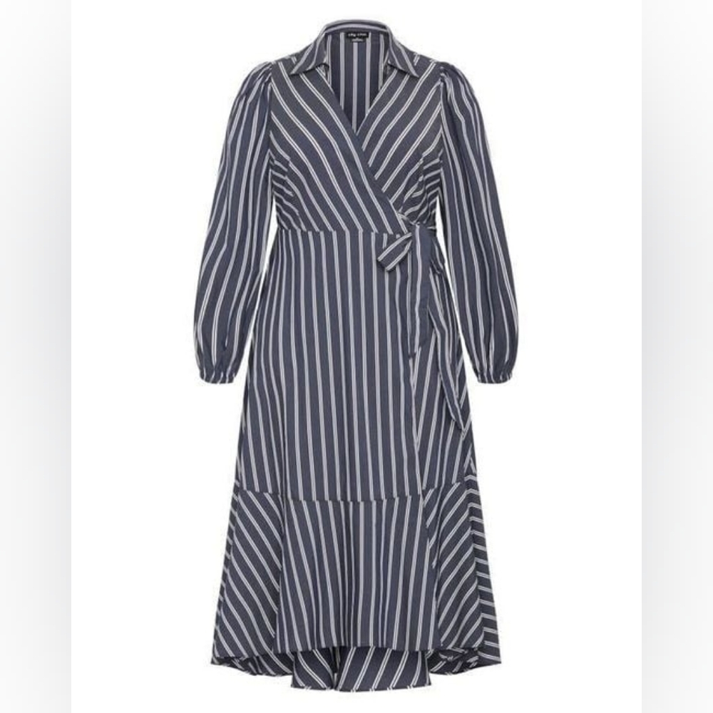 City Chic NWT Navy Blue Striped Long Sleeve Wrap Dress Size 24 - Picture 3 of 4